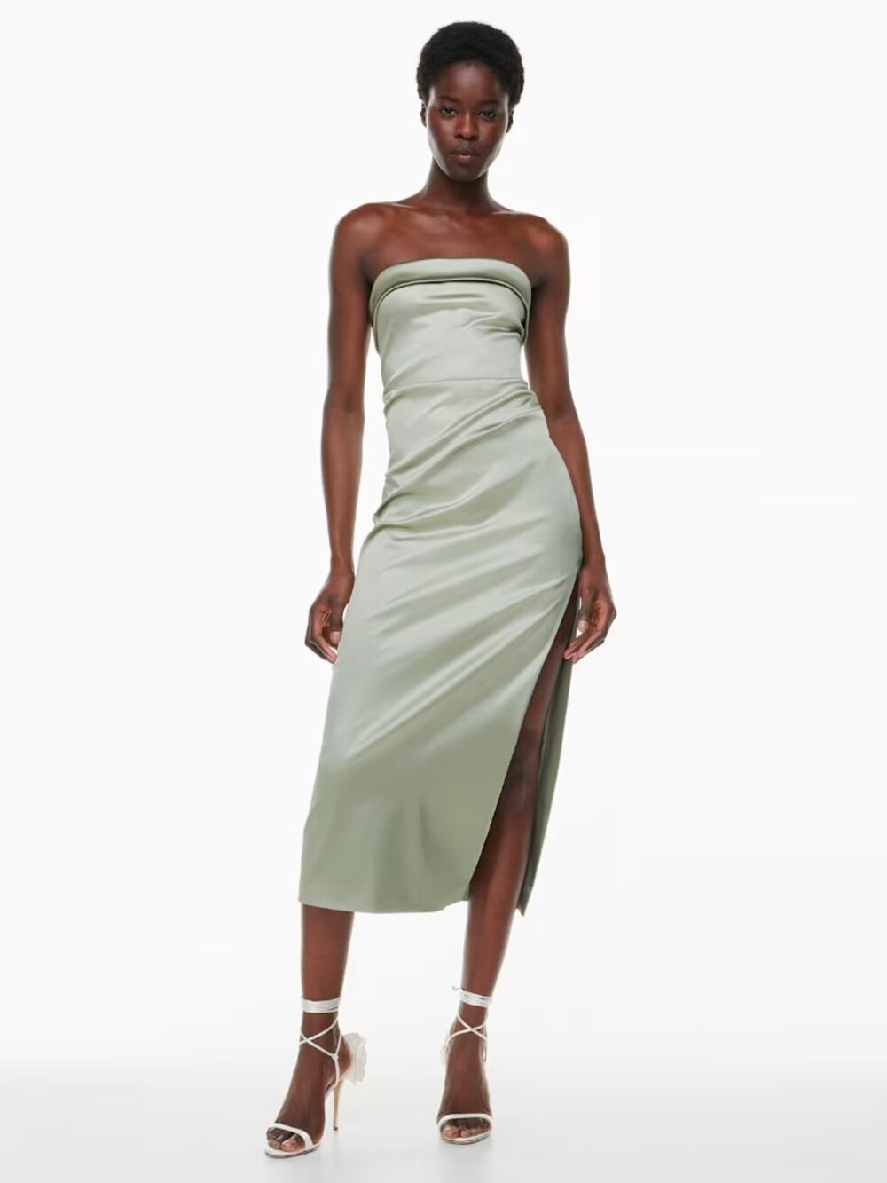 Aritzia Ten Exclusive Satin Dress Satin Strapless Dress in Silver Sage Green